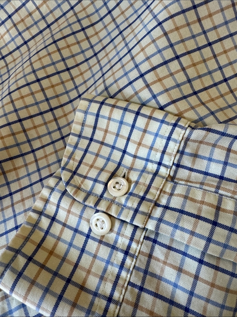 Brooks Brothers Plaid Dress Shirt Cotton Blue&Tan Windowpane Pattern Men's XL - Picture 9 of 11